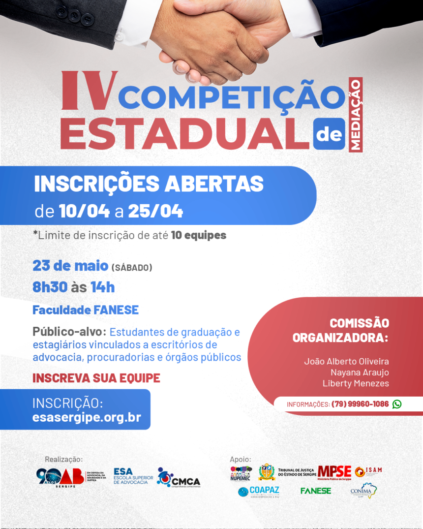 OAB/SE abre inscrições para IV Competição Estadual de Mediação