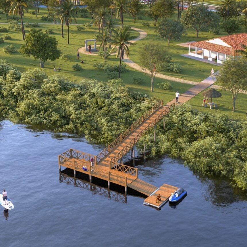 Imagem do projeto arquitetônico do píer contemplativo às margens do Rio Pomonga