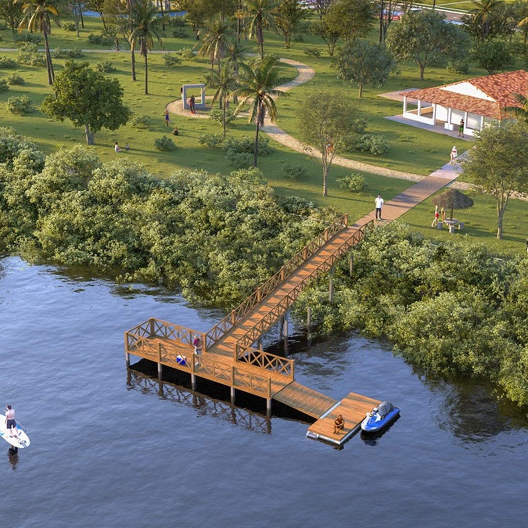 Imagem do projeto arquitetônico do píer contemplativo às margens do Rio Pomonga