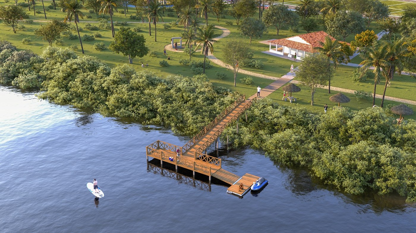 Águas da Barra reserva 40 mil m² para comércio na Barra dos Coqueiros 2 Projeto prevê píer contemplativo às margens do Rio Pomonga — imagem do projeto arquitetônico